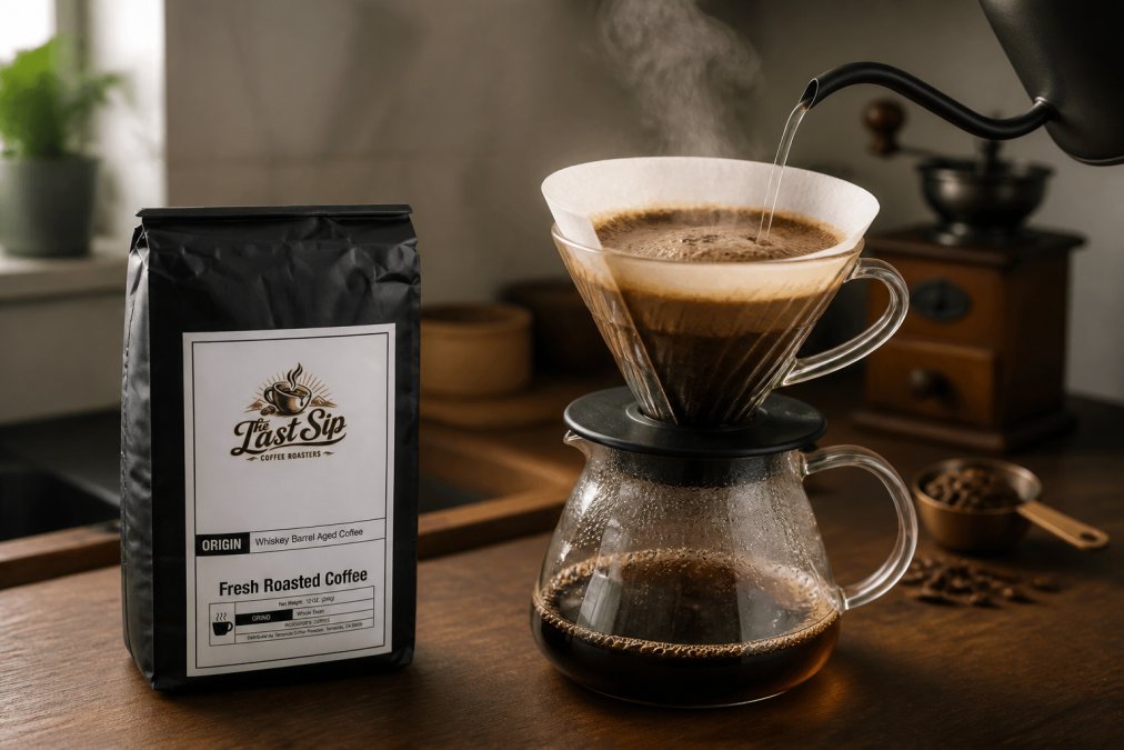Freshly ground coffee blooming in a pour-over dripper with visible carbon dioxide bubbles rising from the grounds, steam visible above the brewer