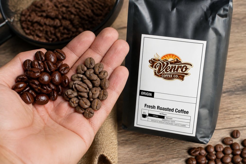 Close-up of freshly roasted coffee beans in a hand showing glossy, vibrant brown surface with visible moisture, alongside older beans with dull, matte appearance and faded color