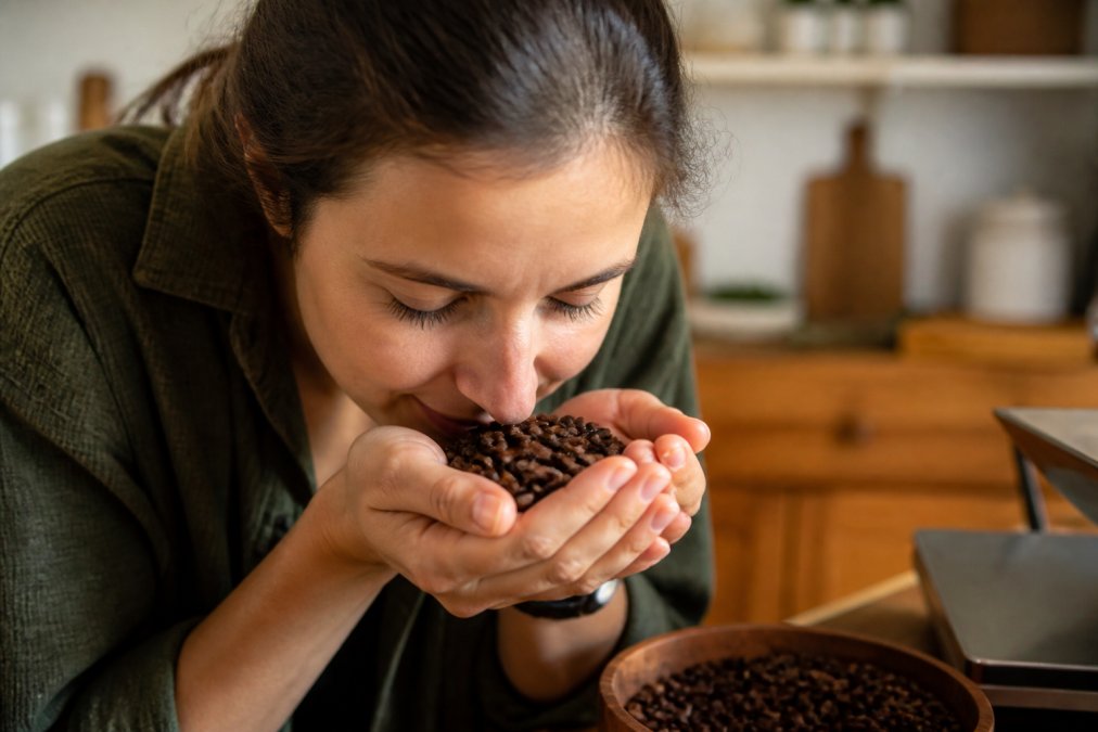 Close-up of a person's hand holding a small pile of whole roasted coffee beans near their nose, eyes closed, inhaling the aroma in a warm, softly lit kitchen with a wooden countertop