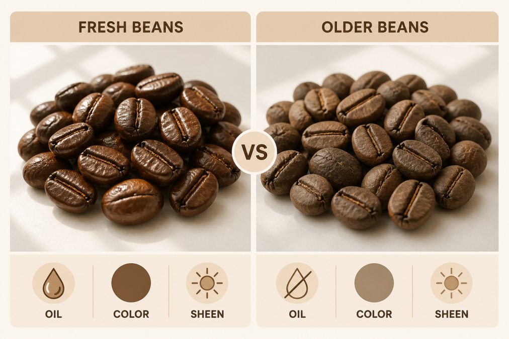 Close-up of fresh coffee beans showing glossy oil sheen and rich brown color contrasted with dull, matte older beans side by side on white surface with natural window lighting