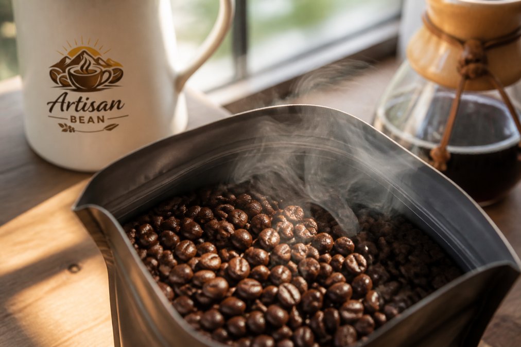 Close-up of freshly roasted coffee beans with rich, dark color and visible oily sheen in an open bag with aromatic steam rising, natural daylight illuminating the beans