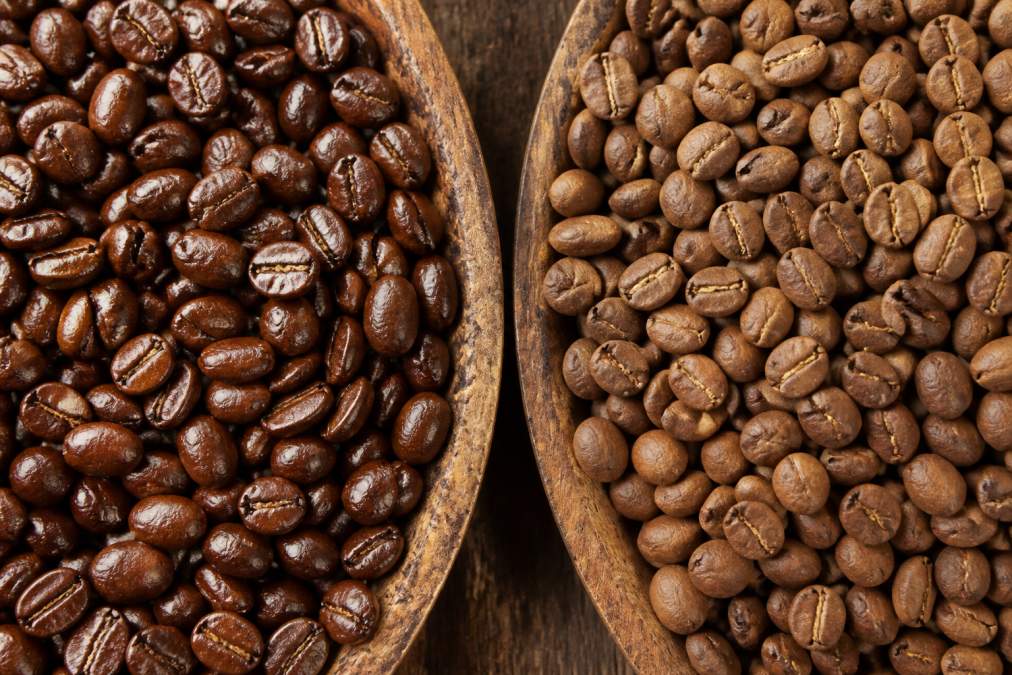 Close-up of fresh medium-roast coffee beans with vibrant chocolate-brown color and visible glossy oil sheen next to older beans with flat, dull appearance under bright natural light