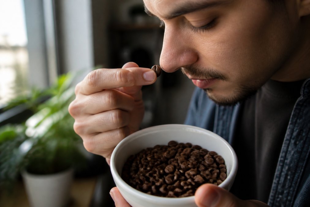 Close-up of fresh medium roast coffee beans in a white ceramic bowl with someone's hand holding a single bean near their nose, demonstrating the aroma evaluation process in natural morning light