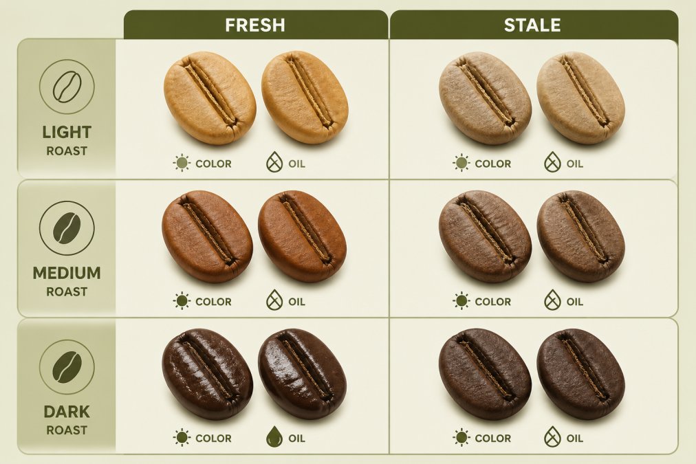 Side-by-side comparison showing three pairs of beans: (1) fresh light roast vs stale light roast, (2) fresh medium roast vs stale medium roast, (3) fresh dark roast vs stale dark roast. Each pair should clearly show the color and oil differences.