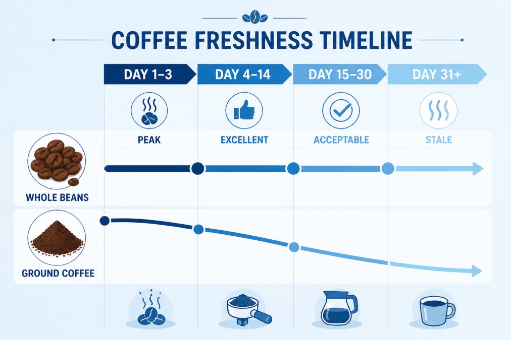 Timeline showing freshness window: Day 1-3 (peak, degassing), Day 4-14 (excellent), Day 15-30 (acceptable), Day 31+ (stale). Separate lines for whole beans vs. ground coffee showing ground coffee's faster decline