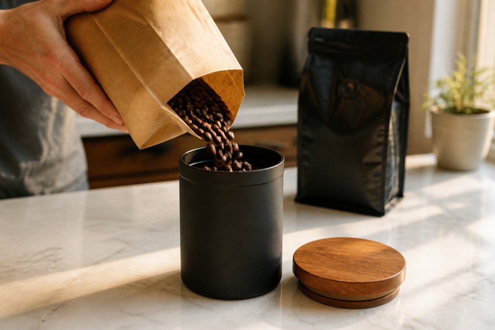 Whole coffee beans being poured from a paper craft bag into a dark matte ceramic airtight canister on a clean white marble kitchen countertop, a sealed specialty coffee bag visible in the soft background, warm afternoon light