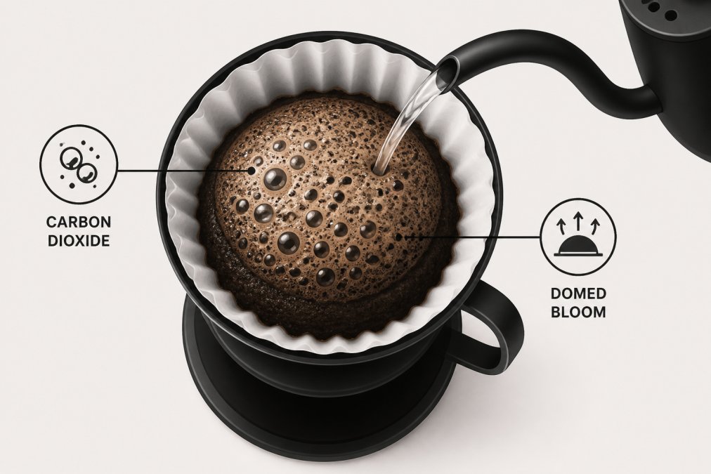 Overhead shot of hot water being poured over coffee grounds in a pour-over dripper, showing a large, domed bloom of bubbling carbon dioxide rising from the grounds