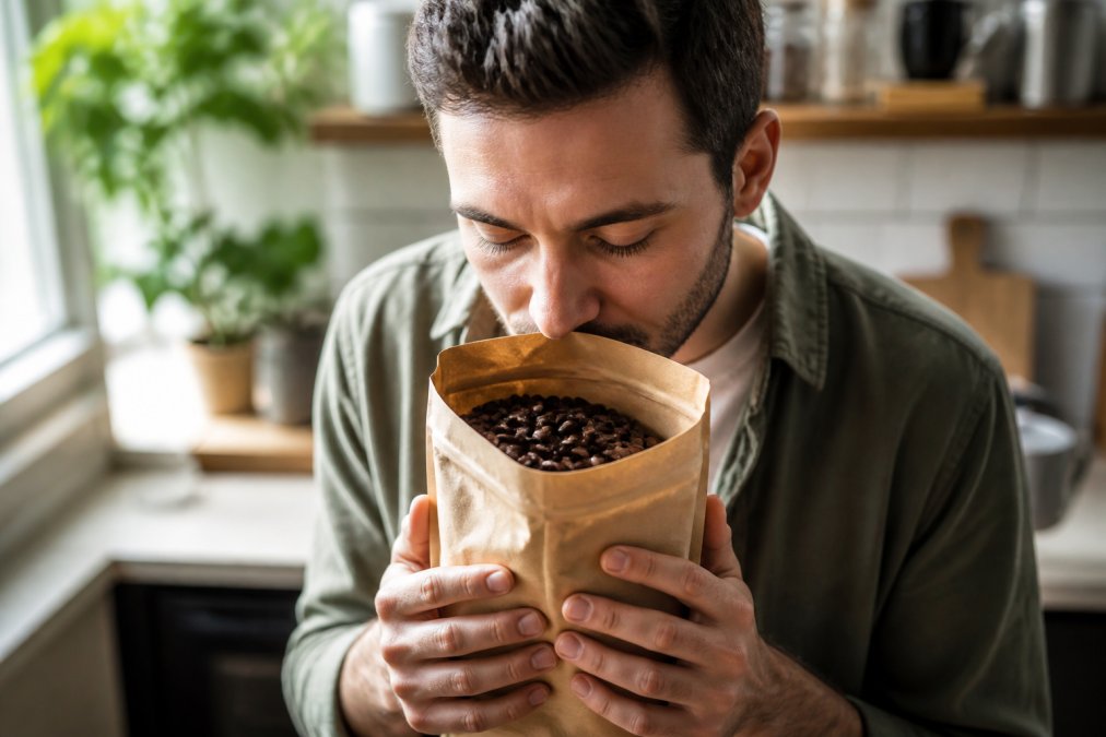 Person holding an open bag of freshly roasted coffee beans close to their face, deeply inhaling the aroma with eyes closed and a satisfied expression, in bright natural kitchen lighting