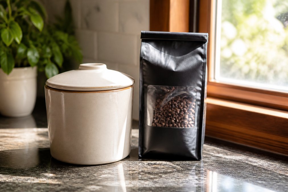 An airtight ceramic coffee canister with a one-way valve lid sitting on a kitchen counter next to a sealed bag of whole coffee beans, warm natural light coming through a nearby window