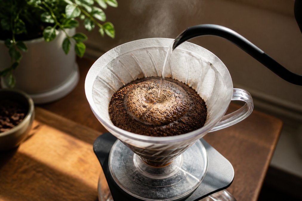 Close-up diagram of a coffee bloom process showing fresh grounds bubbling during a pour-over brew.