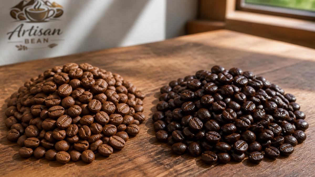 Close-up overhead shot of two piles of coffee beans side by side on a wooden surface: one pile of fresh, matte-finish medium-roast beans and one pile of dull, slightly oily older beans, with natural window light
