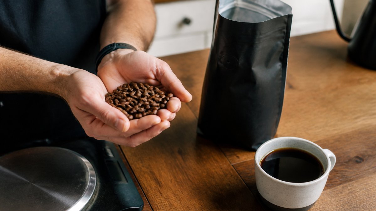 Hands holding roasted coffee beans beside a bag, scale, and brewed coffee on a wooden kitchen counter