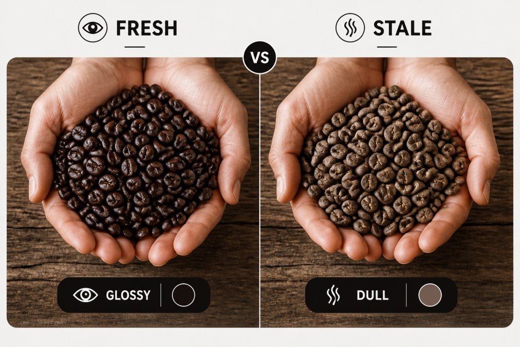 Close-up of two handfuls of coffee beans side by side on a worn wooden surface, one batch visibly dark and glossy with a slight sheen under warm kitchen light, the other dull, matte, and slightly faded in color, showing the contrast between fresh and stale beans