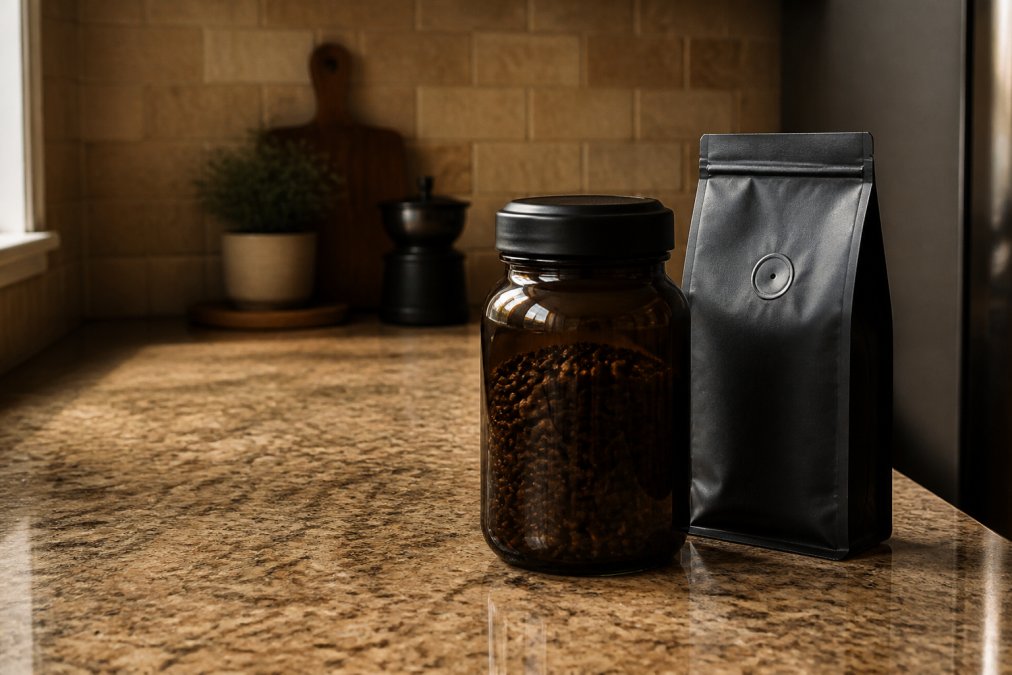 An airtight dark glass canister filled with whole coffee beans sitting on a kitchen counter beside a sealed coffee bag with a one-way valve, both positioned away from a sunlit window, conveying a practical home storage setup in warm, natural indoor light