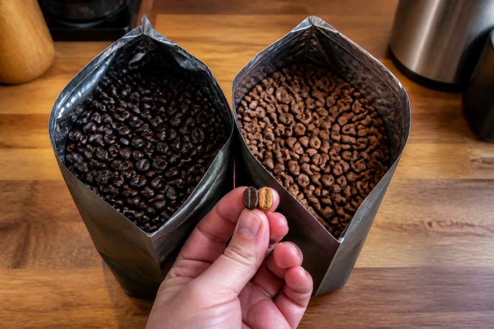 Comparing oily and matte coffee beans on a counter to show how to tell if coffee beans have gone bad