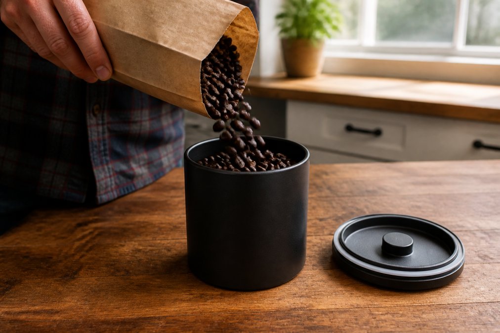 Whole coffee beans being poured from a kraft paper bag into a dark matte ceramic airtight container on a wooden kitchen countertop, with a window visible in the background away from the beans