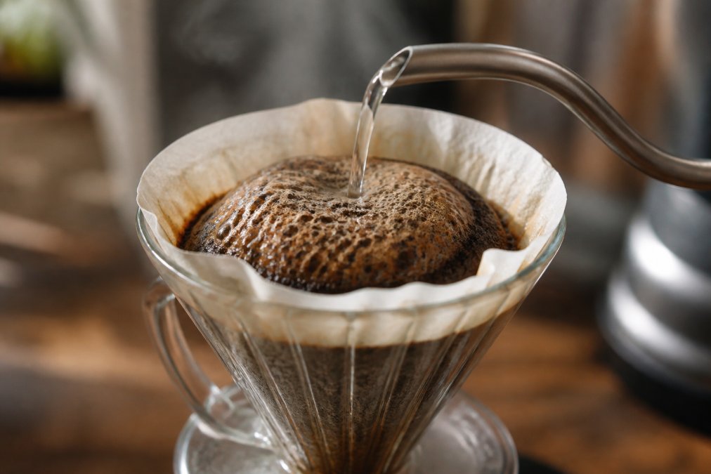Close-up of hot water being poured from a gooseneck kettle over dark coffee grounds in a glass pour-over dripper, showing a dramatic dome of bubbling bloom rising from the grounds, steam visible in warm kitchen light