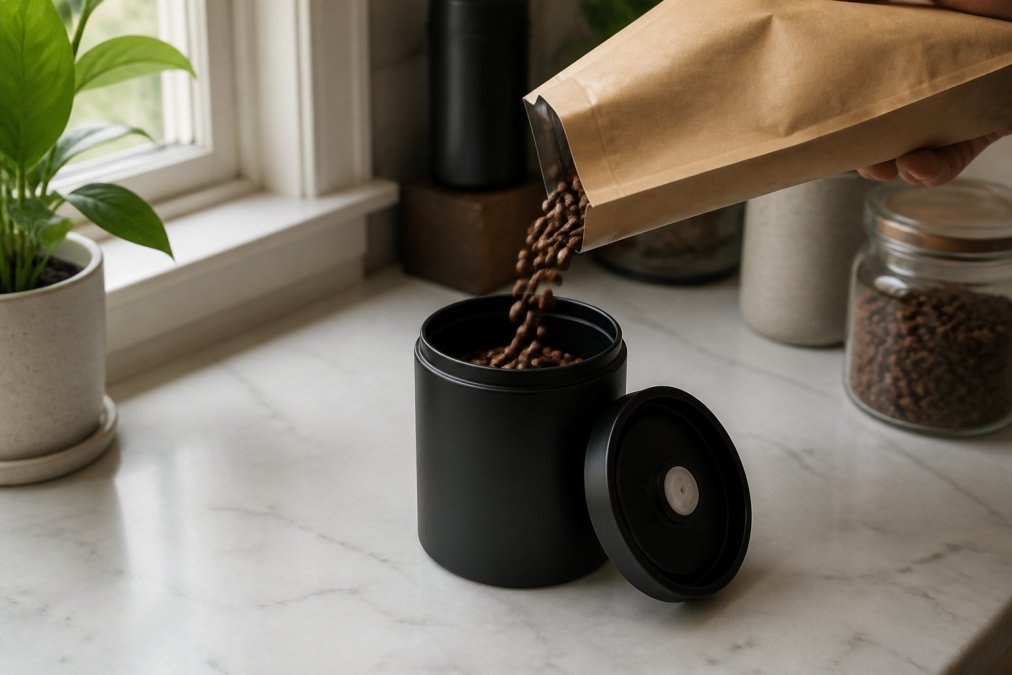 Whole coffee beans being poured from a kraft paper bag into a matte black airtight ceramic canister with a one-way valve lid, placed on a clean marble kitchen countertop away from sunlight, warm natural light from a nearby window