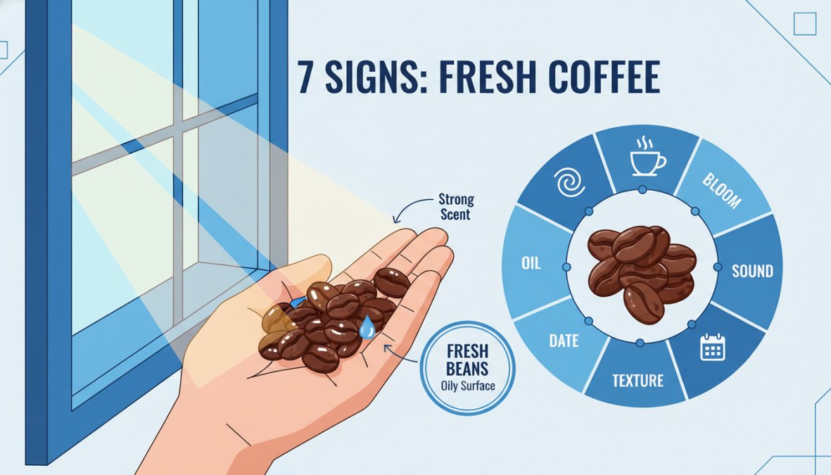 Close-up of a hand holding a small pile of dark whole coffee beans near a natural light window, showing the surface texture and slight oily sheen on fresh beans against a pale wooden surface