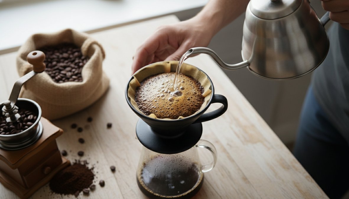 Overhead shot of hot water being poured from a gooseneck kettle over coffee grounds in a white ceramic pourover dripper, capturing the CO2 bloom bubbling and doming upward from the dark grounds, set on a wooden surface in warm morning light