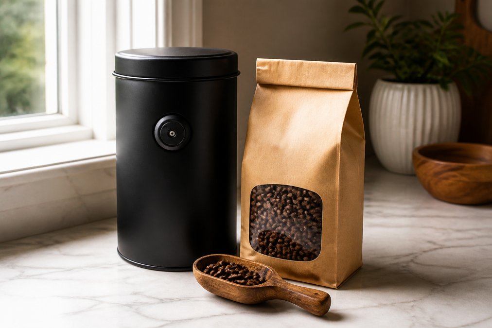 A sealed matte-black airtight coffee canister with a one-way valve sitting on a marble kitchen counter next to a kraft paper bag of whole bean coffee, a small wooden scoop resting alongside them, warm natural light from a nearby window