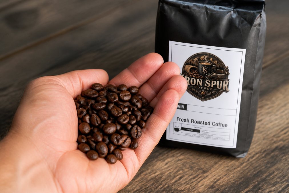 Close-up of fresh specialty coffee beans in someone's palm showing vibrant dark roast color with glossy surface sheen and uniform appearance under natural light