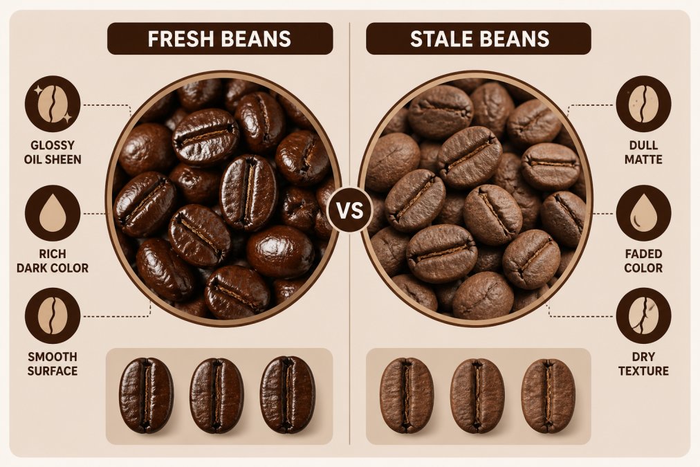 Side-by-side close-up comparison showing fresh whole bean coffee with visible glossy oil sheen and rich dark color next to stale beans with dull matte surface, faded color, and visible dryness