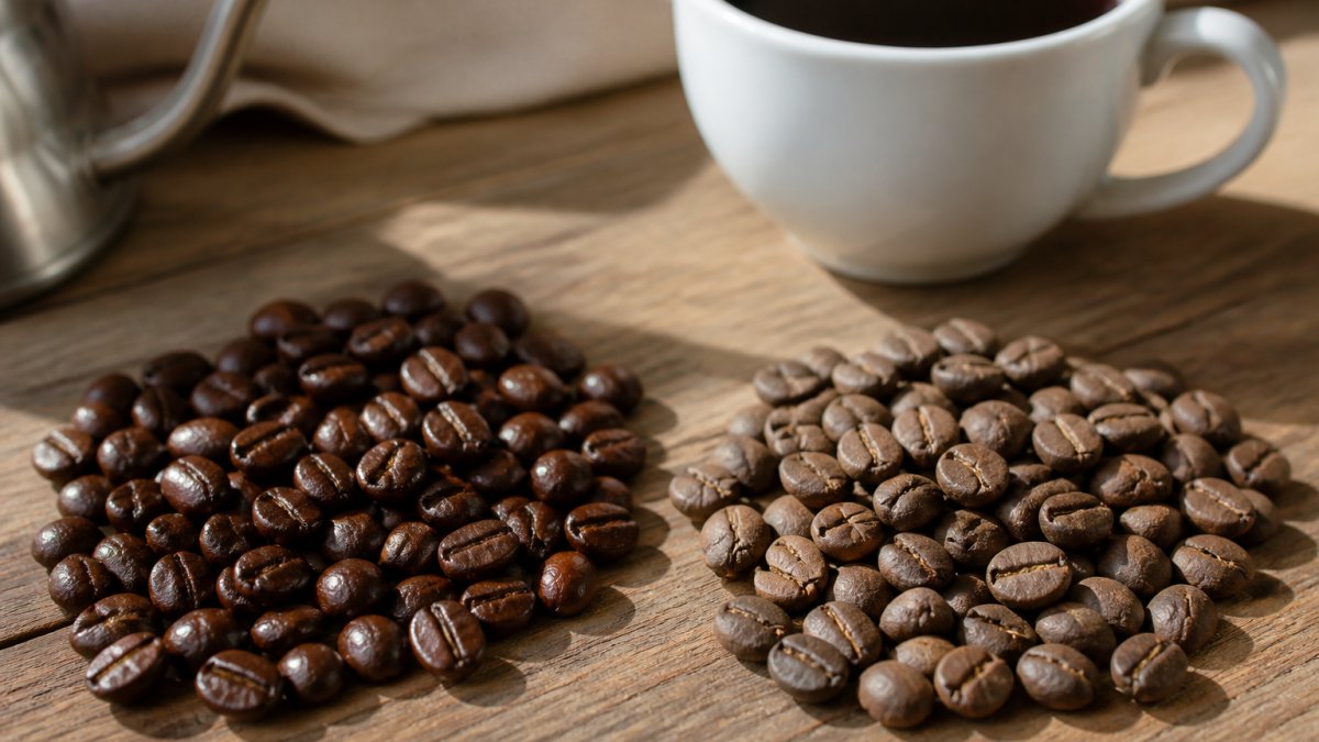 Close-up of fresh whole coffee beans with rich brown color and visible oils next to dull, flat-colored stale beans in natural morning light, with a white ceramic cup of brewed coffee in the background