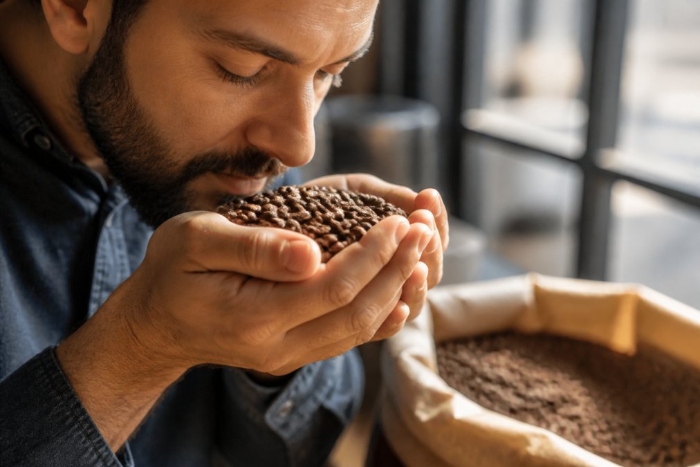 Close-up of hands holding freshly roasted coffee beans near the nose, with a clear expression of appreciation on the person's face, bright natural light illuminating the bean color and texture details