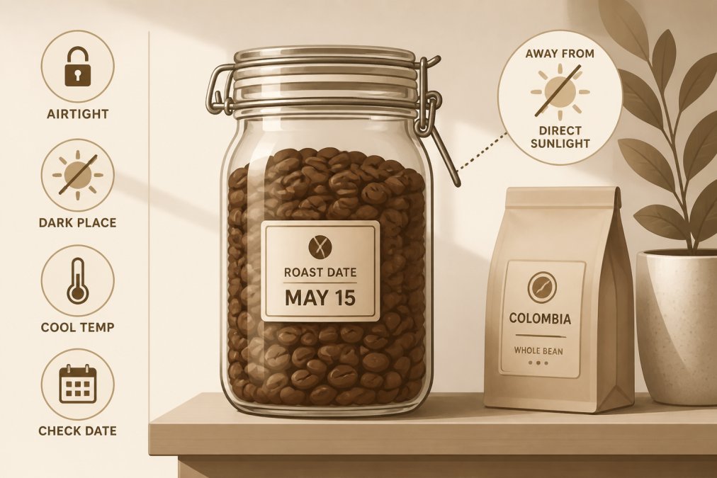 An airtight glass container filled with whole coffee beans on a kitchen shelf away from direct sunlight, with a roast date label visible on the container, showing proper home storage setup