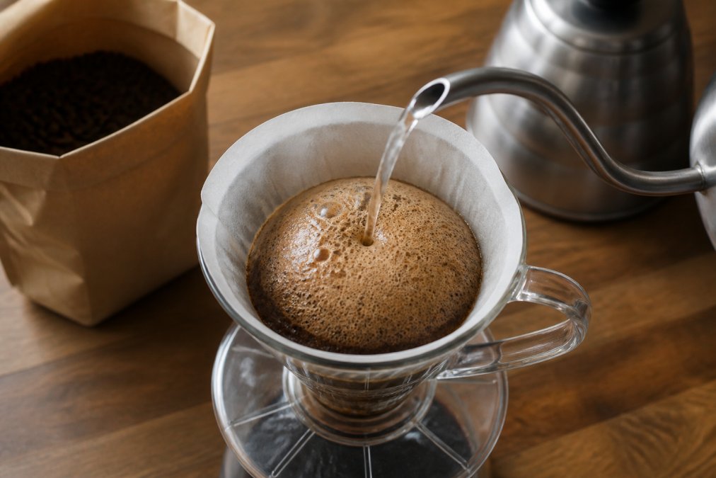 Overhead close-up of hot water poured over fresh coffee grounds in a glass pour-over brewer, showing a thick bubbling bloom dome of foam rising above the grounds, with a bag of whole bean coffee and a gooseneck kettle on a wooden kitchen counter