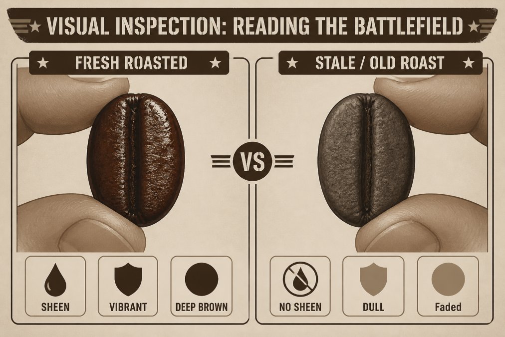 Side-by-side comparison of two dark roast coffee beans held in natural light, left bean showing glossy, vibrant oil sheen with deep brown coloring; right bean showing dull, ashy surface with faded color and no sheen