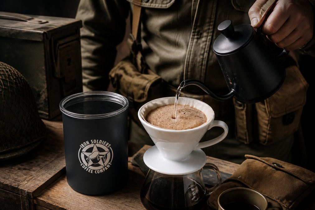 Hands pouring hot water over medium-brown coffee grounds in a white ceramic pour-over cone, with visible foam, bubbles, and CO2 release creating a thick layer of crema rising from the bloom