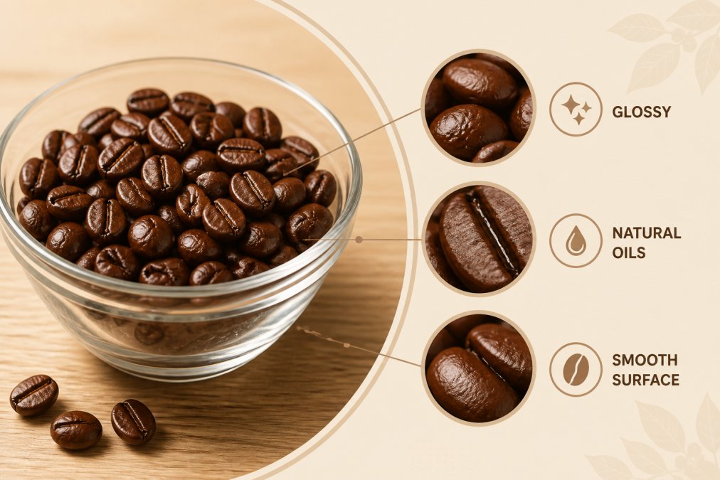 Close-up of whole coffee beans in a clear glass bowl on a wooden surface, showing the glossy surface texture and natural oils visible on the bean skin under warm natural light