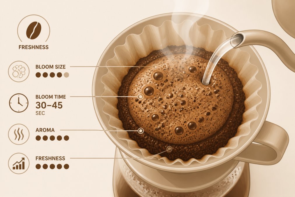 Close-up overhead shot of hot water being poured over dark coffee grounds in a pour-over dripper, showing a foamy, bubbling bloom rising from the grounds, steam visible in warm kitchen light