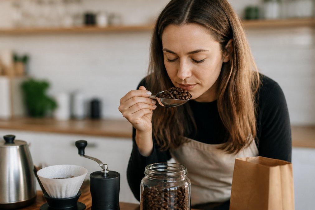 Close-up of a person's hand holding a scoop of coffee beans near their nose, eyes closed, inhaling the aroma in a bright kitchen setting