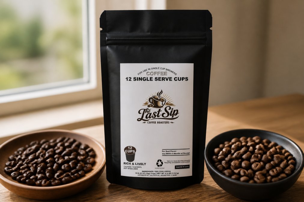 Close-up of fresh whole coffee beans with glossy surface and rich brown coloring next to dull, matte stale beans showing visible color fading and flat appearance under natural window light