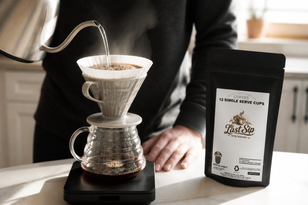 Hands pouring hot water over finely ground coffee in a pour-over dripper, showing visible blooming with bubbles rising and steam visible in natural morning kitchen light