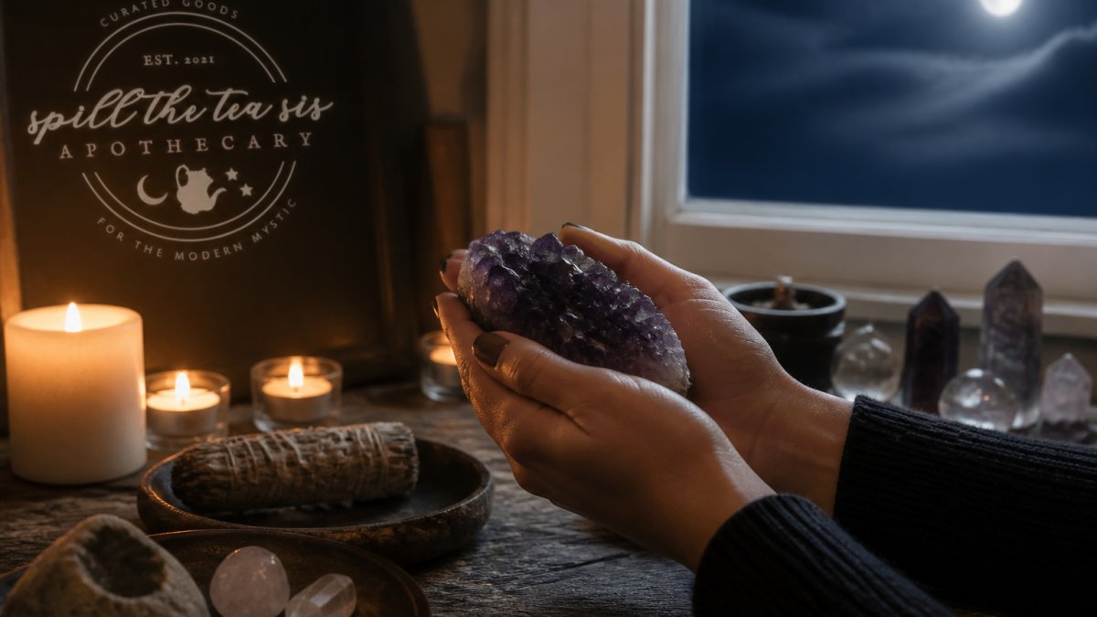 Hands gently holding a crystal under soft moonlight near a window, with candles and sage nearby, showing a peaceful cleansing ritual setup