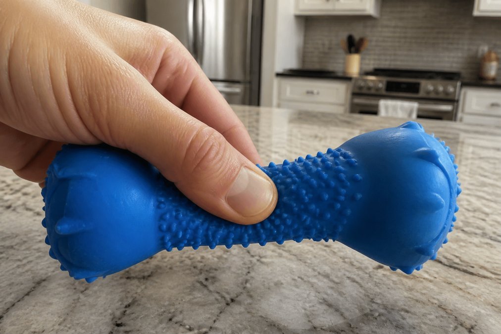 A person's thumb pressing firmly into the surface of a natural rubber dog toy, demonstrating the hardness check in bright kitchen lighting