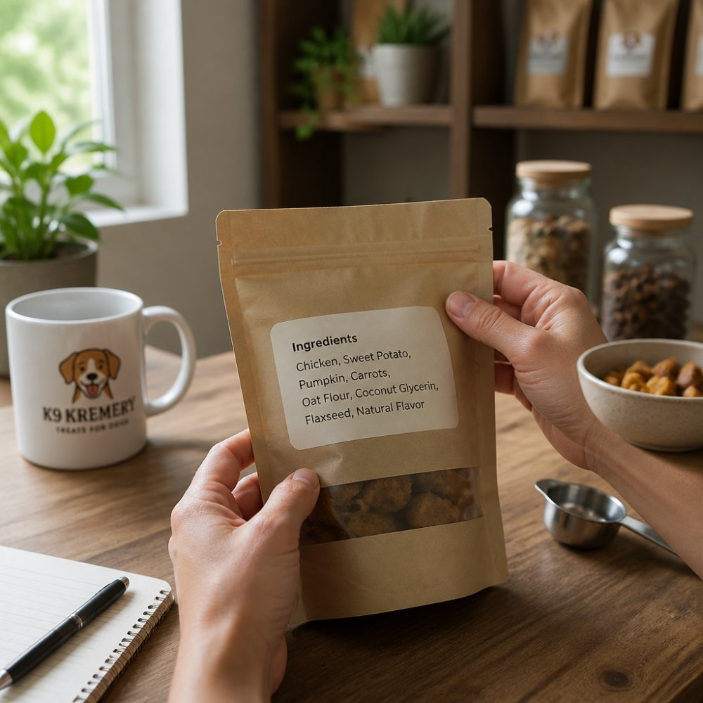Close-up of hands holding a dog treat package, examining the ingredient label under natural light with the list clearly visible
