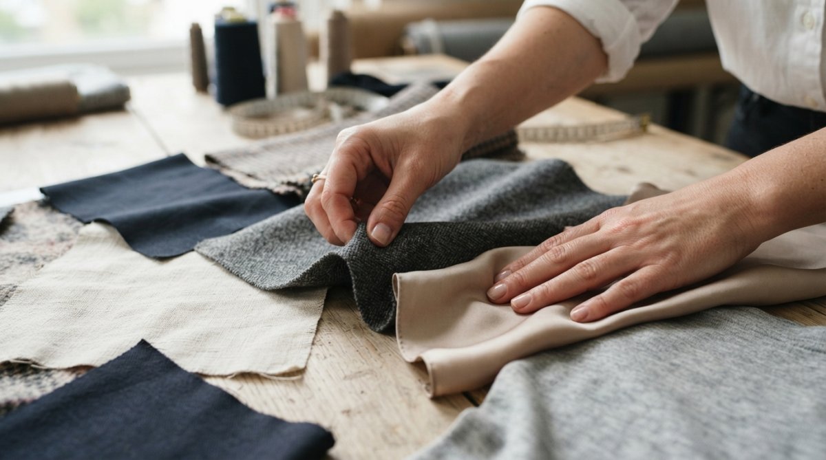 Close-up of hands touching and feeling different fabric swatches laid out on a neutral surface, showing tactile evaluation of various textile materials