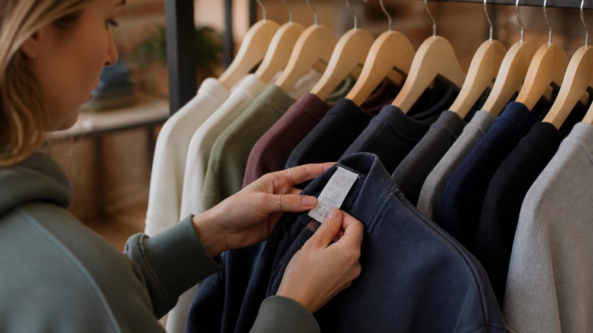 Close-up of hands examining a fabric label in a retail setting, with fingers pointing to fiber content percentages on a garment tag