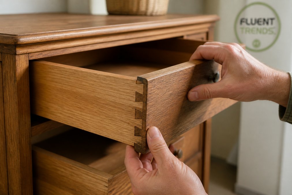 Close-up of hands examining a dovetail joint on an open wooden drawer, showing interlocking pins and tails in warm natural light