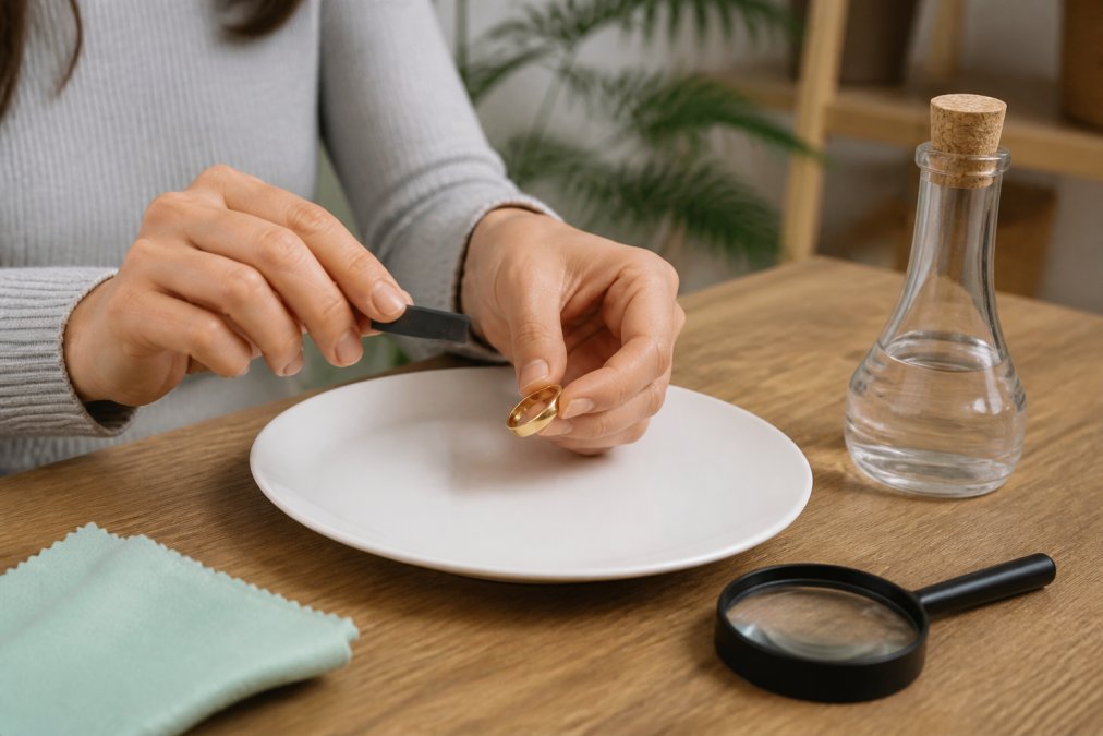A woman's hands holding a gold ring and a small magnet over a white ceramic plate on a wooden table, with a magnifying glass and a vinegar bottle nearby, in a bright home setting
