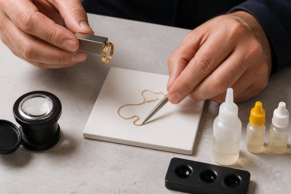 Close-up of hands performing durability assessment on gold jewelry, showing a magnet test, scratch test on white ceramic plate, and acid testing supplies arranged on a clean work surface with natural lighting