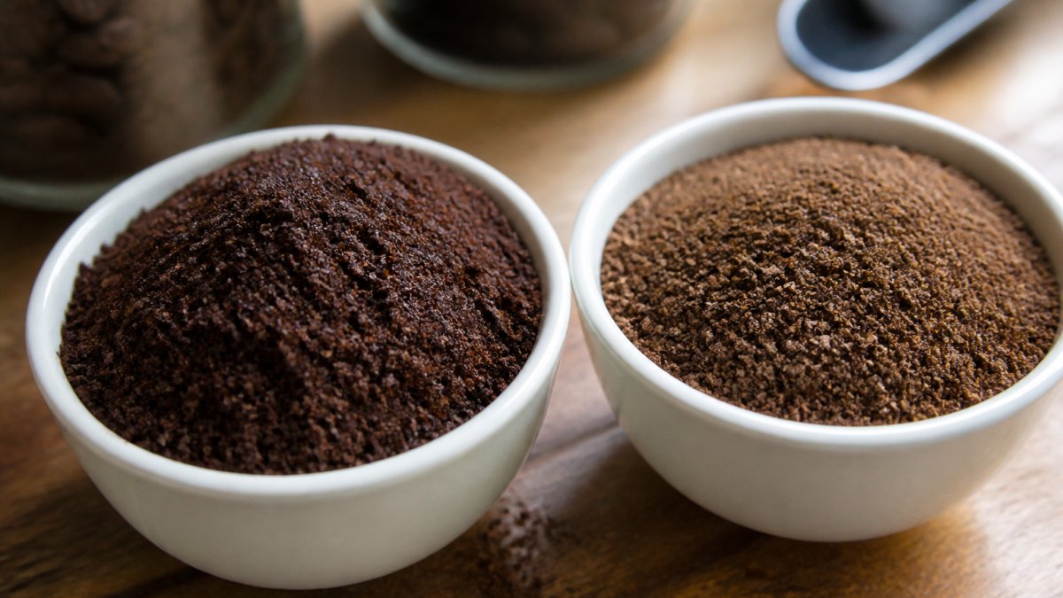 Close-up of freshly roasted dark ground coffee in a white ceramic bowl next to an older, noticeably lighter-colored batch showing visible color fading and dull appearance