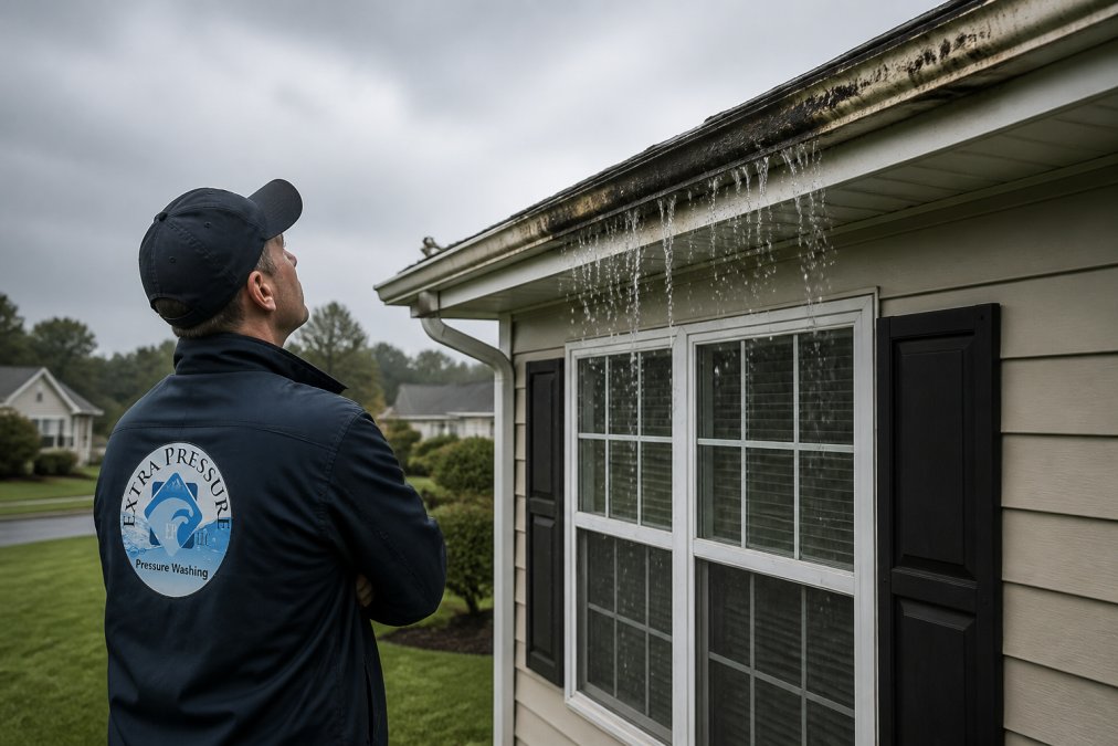 A homeowner standing on a green lawn looking up at a house gutter overflowing with water, dark staining visible on the fascia board behind the gutter, overcast sky