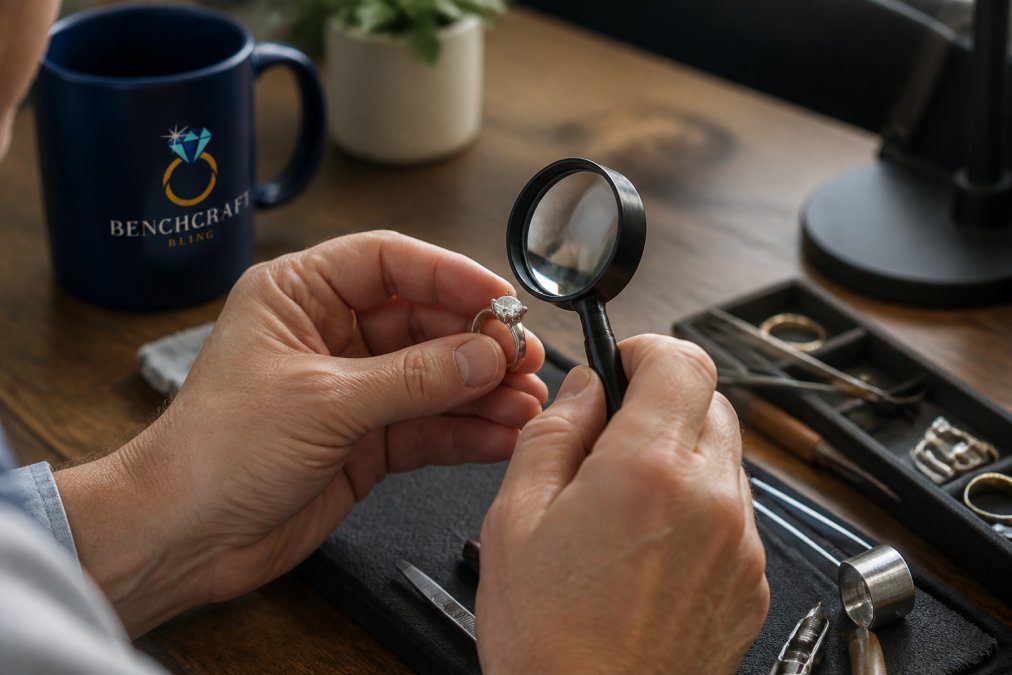 Close-up of hands holding a ring under bright light, examining the prong setting and stone security with a magnifying glass