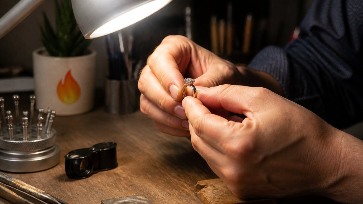 Close-up of a person's hands holding a ring under a bright desk lamp, turning it to examine the prongs and stone setting with a jeweler's loupe nearby